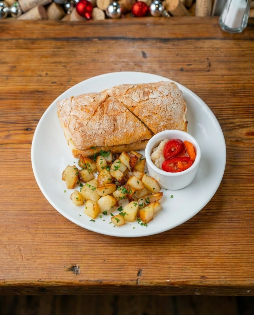 delicious choripan with potatoes and pickled veggies 